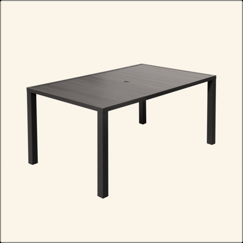Table de salle à manger d'extérieur, table de patio rectangulaire à lattes en métal avec trou pour parasol, 6 places pour la terrasse, le jardin, la pelouse et la cour