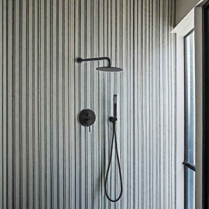 Wall Mounted Round Shower Combo Setwith Pressure Balancing Valve,10" Rain Shower Head And Handheld Shower Head, 2-Handle Control, Adjustable Holder