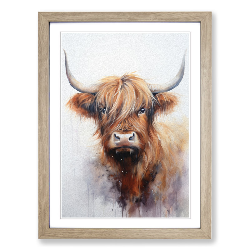 Highland Cow Tachisme - Single Picture Frame Print on Wood, Oak, 46cm H x 34cm W x 2cm D
