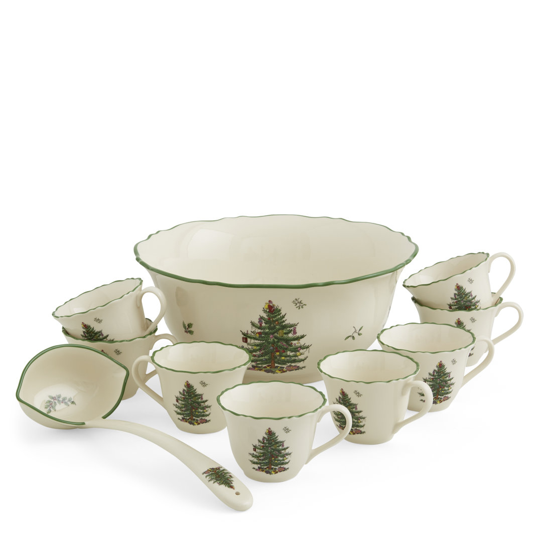 Spode Christmas Tree 10 Pc Punch Bowl W/Cups&Ladle Spode