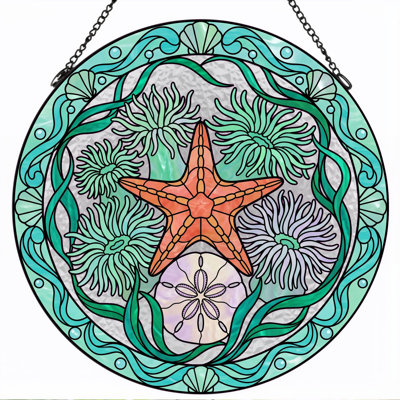 Starfish Sea Stained Glass Window Panel，12"H
