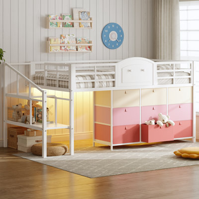 Low Loft Bed with 9 Drawers, Full Size Metal Loft Bed with LED Lights & Under-Bed Hideaway Space, White