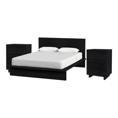 Ensemble de chambre à coucher 3 pièces Woodbine, lit grand noir, deux tables de chevet à 3 tiroirs