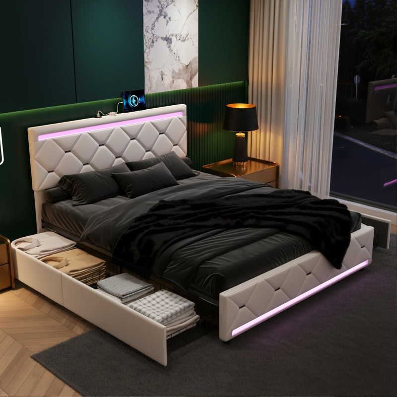EU Double Velvet Upholstered Bed With 4 Drawers, Modern Storage Bed Frame With USB Ports & Dual LED Lights, Beige