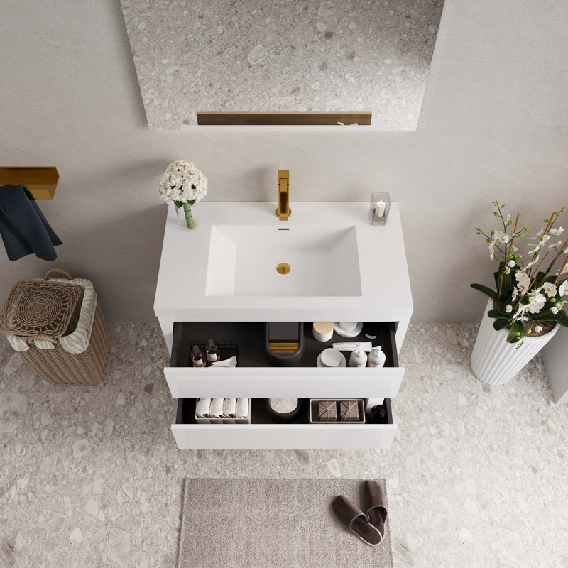 Meuble-lavabo mural 36 po avec lavabo, meuble de rangement flottant pour salle de bain avec comptoir en résine de pierre et tiroirs à fermeture en douceur