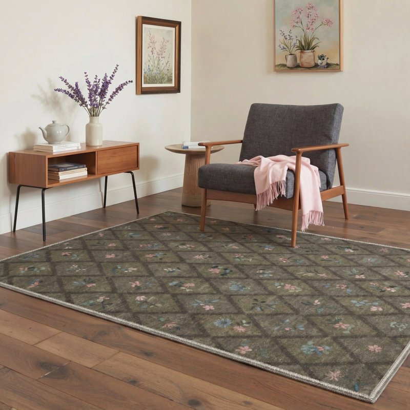 Auraflora Floral Machine Washable Brown Indoor Area Rug with Non-Slip Backing, Rectangle 8' x 10'