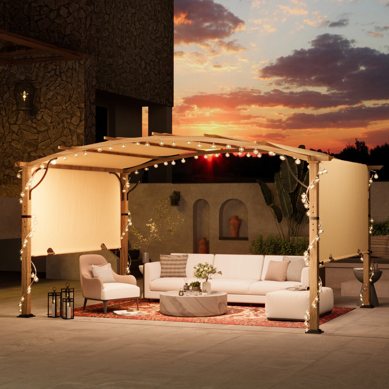 Pergola en aluminium avec auvent, H 92,10 po x l 157,50 po x P 118,10 po, Auvent beige / structure en grain de bois naturel