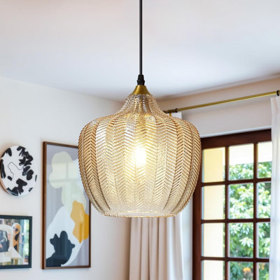Modern Gold Pendant Light, Amber Glass Farmhouse Kitchen Island Pendant Light Fixture Adjustable Vintage Hanging Ceiling Light For Dining Room Corridor 9.45 Inch 1 Pack