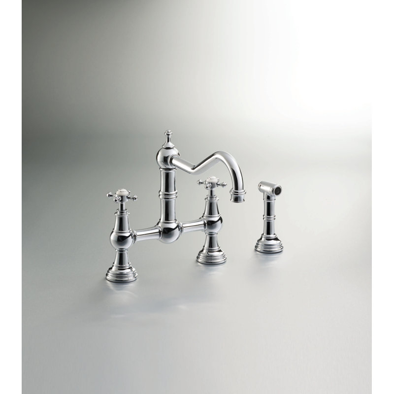 Edwardian Bridge Kitchen Faucet With Side Spray, Polished Chrome, Cross