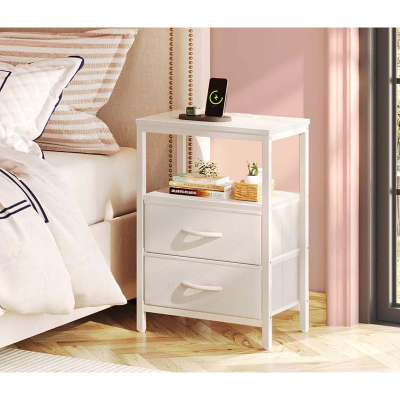 Nightstand With Charging Station, Side Table With Fabric Drawers, End Table With Open Shelf, Bedside Table With USB Ports And Outlets, Night Stand For Bedroom, White