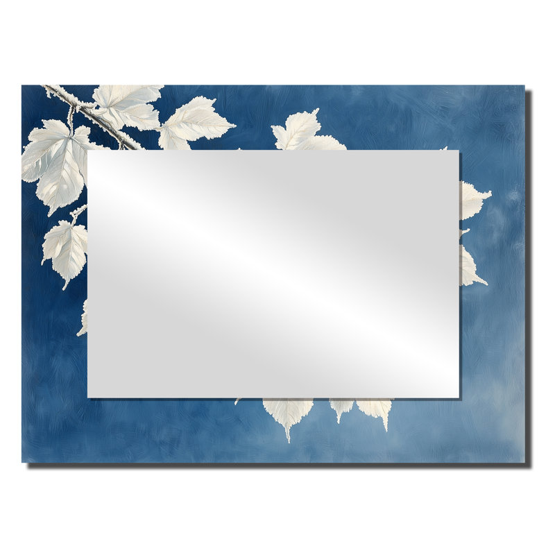 Miroir d'appoint mural blanc avec feuilles givrées blanches II - imprimé sur métal, 24 po x 32 po