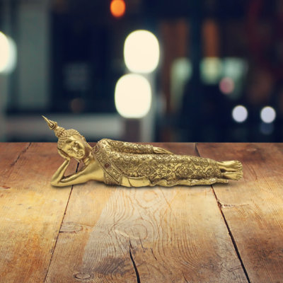 Brytnie 14"W Gold Reclining Thai Buddha Figurine Unique Gifts
