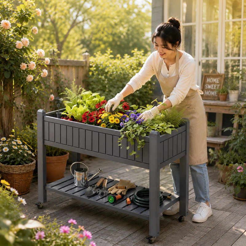 Resin Planter Box With Wheels, Grey