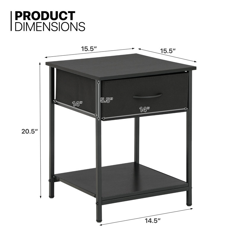 Table de chevet avec tiroir de rangement en tissu et tablette ouverte, petite table de chevet pour la chambre à coucher, Noir