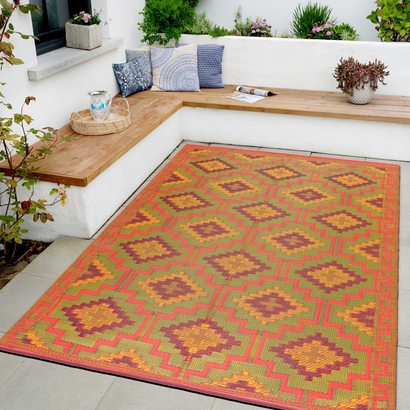 Tapis intérieur / extérieur à motif géométrique orange / vert Aldo, Rectangle 6 pi x 9 pi