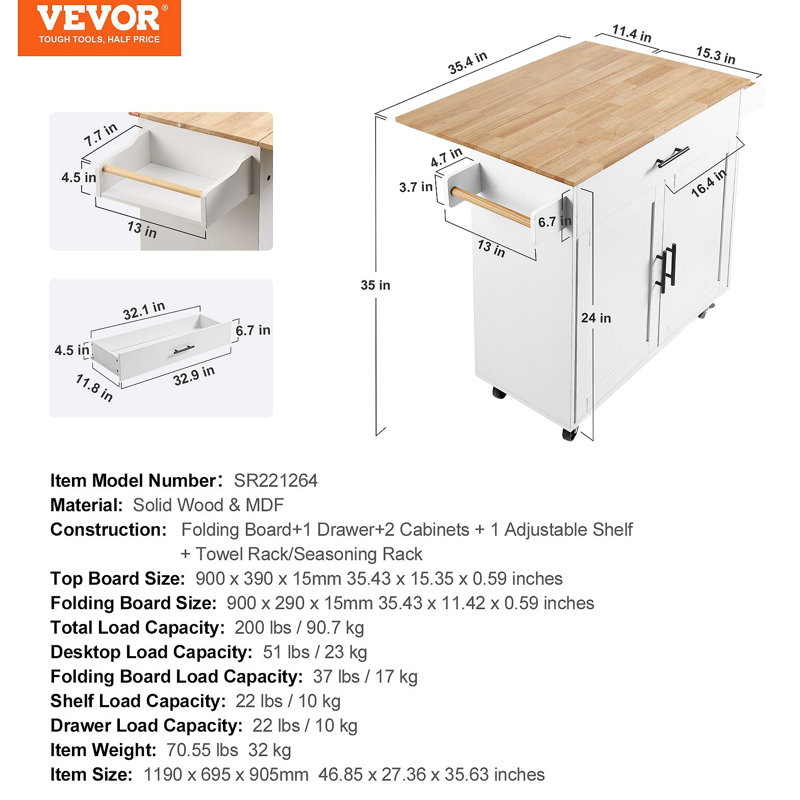 Chariot pour îlot de cuisine avec plateau en bois massif, chariots mobiles d'une largeur de 35,4 po avec armoire de rangement, table de cuisine roulante avec support à épices, porte-serviettes, abattant et tiroir, îlots portatifs sur roulettes