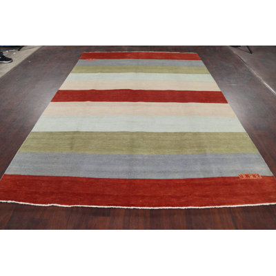 Tapis décoratif en laine de conception unique 6 pi 7 po x 9 pi 6 po noué à la main New Age en laine rouge/gris/brun clair