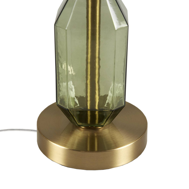 Green Faceted Glass Table Lamp with White Shade and Gold Base