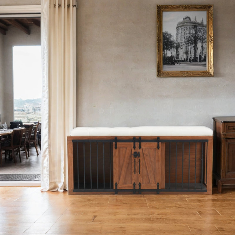 Banc de cage pour chien de 56 po de L avec siège rembourré et escalier conçu pour les animaux, convient aux petits et moyens chiens, porte de grange coulissante à coussin amovible facile à assembler, base mobile