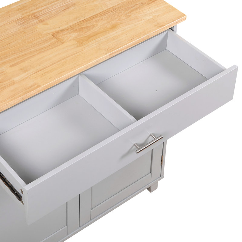 Îlot de cuisine roulant avec rangement, chariot de cuisine avec plateau en bois d'hévéa, tiroir spacieux avec cloison et support de rangement interne, îlot de cuisine sur roulettes avec support de tour réglable