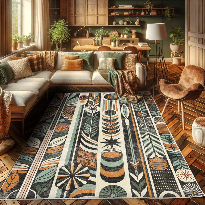 Pale Teal and Dark Orange Geometric Synthetic Area Rug 2'3" x 3'9"