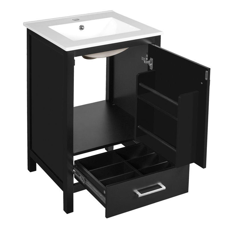 Meuble-lavabo moderne de 20 pouces avec lavabo en céramique, tiroir et porte à fermeture en douceur, organisateur de porte double couche, tiroir de séparation, patins réglables - conception de rangement peu encombrante