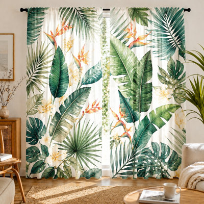 2Pcs Tropical Leaf Curtains with Bird of Paradise Flower Print, Botanical Style, Modern Theme, Decorative Window Treatment, Ideal for Living Room, Bedroom, Home Decor, Ambiance, Light Filtering Fabric