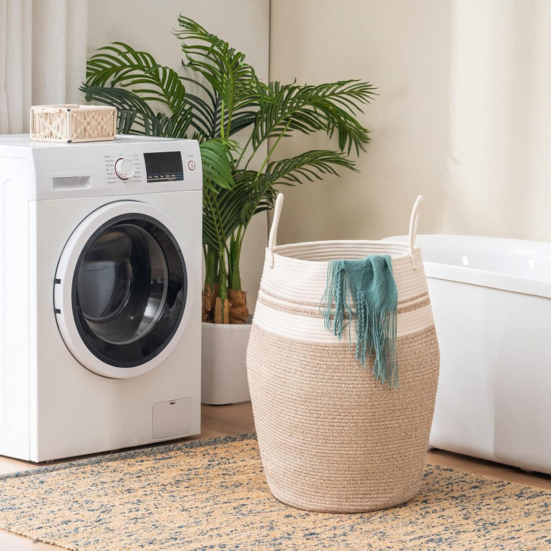 Cotton Rope Laundry Hamper - 105L Woven Collapsible Clothes Storage Basket For Blankets, Bedroom Organization, And Laundry - Natural Handwoven Design With Soft Handle