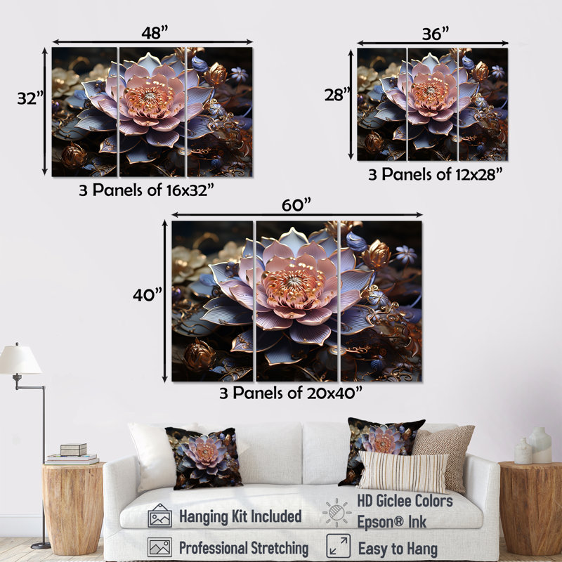 «Enchanted Lotus Waters III», ensemble d'art mural lotus, H 32 po x l 48 po x P 1 po