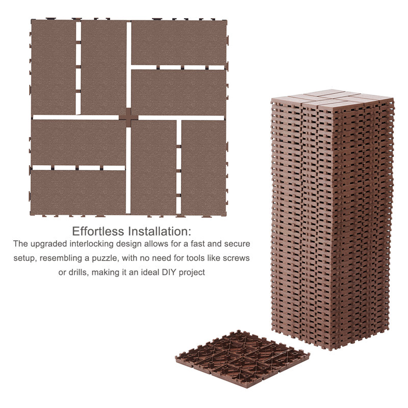 PP Material Interlocking Floor Tiles - 44 Pack 12"X12" Waterproof Patio Tiles, Brown