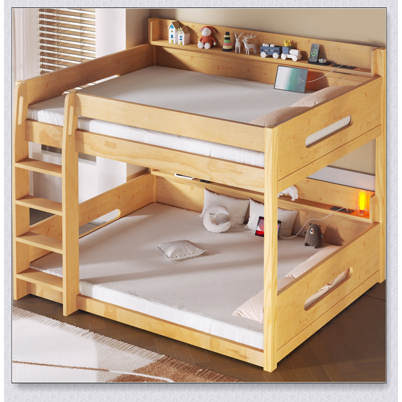 Queen Over Queen Bunk Bed With Storage Shelves And USB Ports, Wood