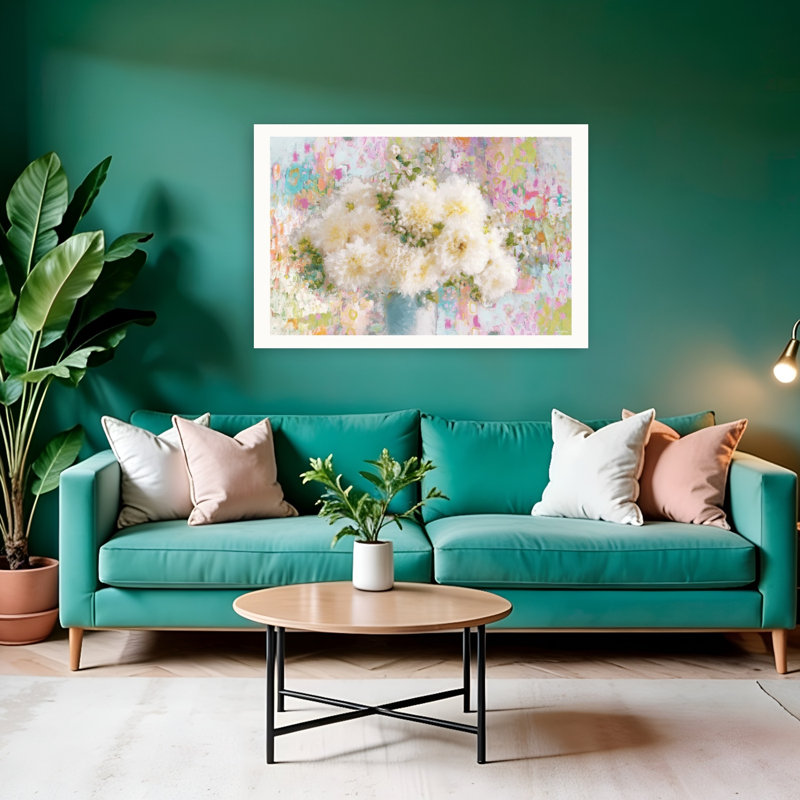 Une danse de pivoines blanches et colorées abstraites colorées, 32" H x 48" W