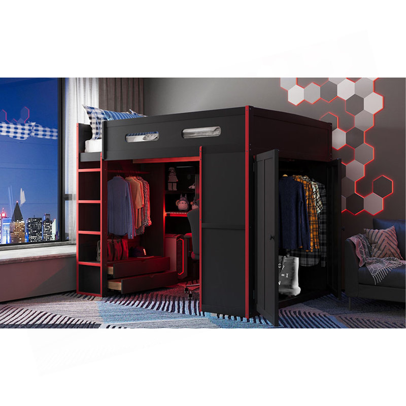 Lit mezzanine double en bois avec bureau, garde-robe, grand espace de rangement et lumière DEL RVB, Rouge