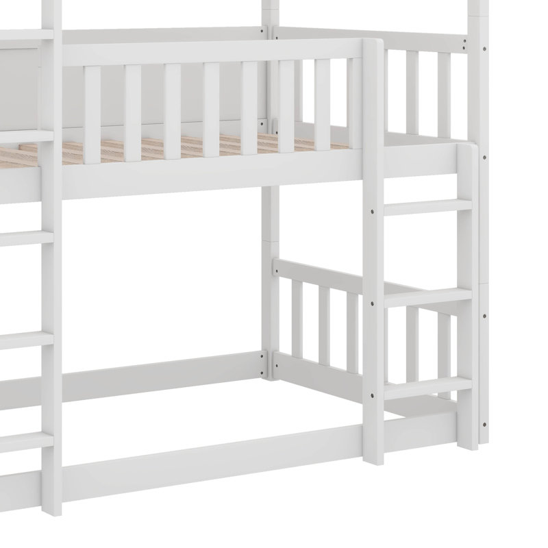 Twin Triple-Layer Rubber Wood Bunk Bed Complete With Ladders And Protective Guardrails, White
