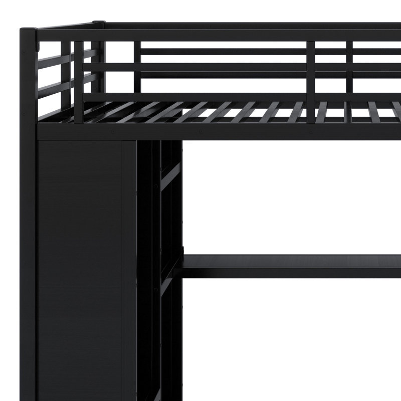 Metal Loft Bed Frame With Built-In Wardrobe, Desk And Storage Shelves