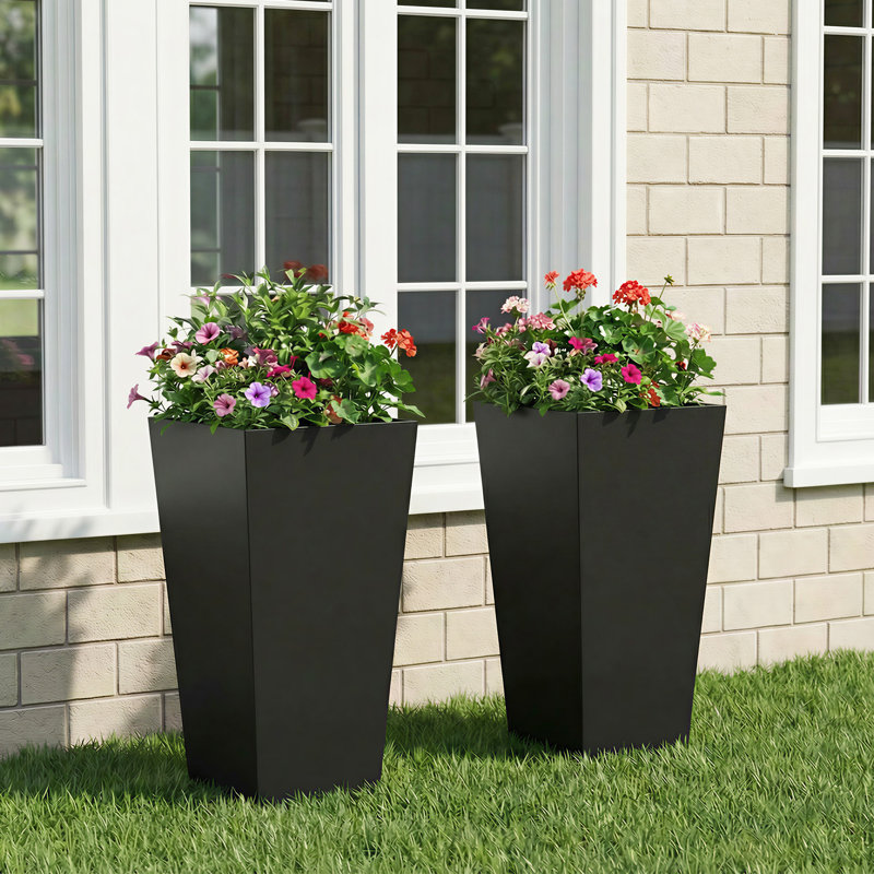 28'' H X 15'' W Indoor/Outdoor Modern Pot Planter with Drainage Hole Metal Large Tall Square Planter for Front Porch Patio