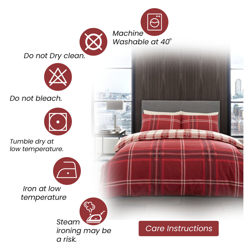 Soft Checked Duvet Cover Set with Pillowcases, Polycotton, Light weight Bedding, Single, Red