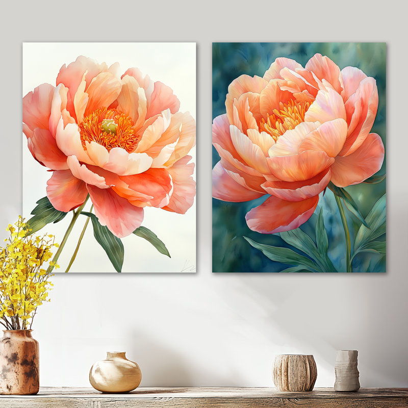 «Vibrant Coral Peony Reverie I», ensemble de 2 impressions murales en métal coquelicot orange, 32" H x 48" W
