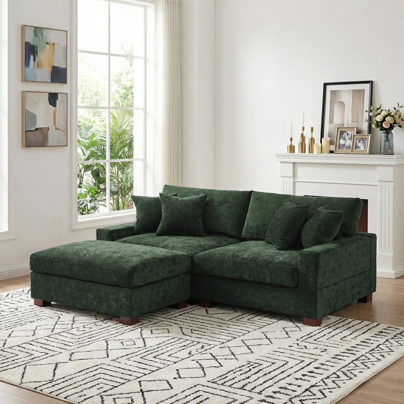 3 - Piece Upholstered Green Chenille Modular Sectional Sofa with Throw Pillows & Removable Ottomans, Green Chenille