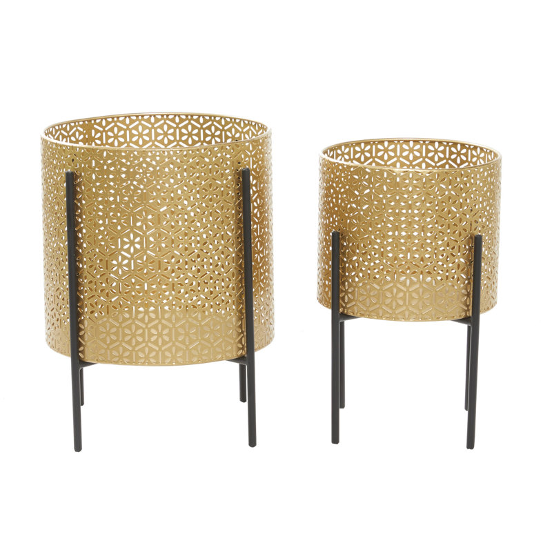 Gold Floral Cutout Metal Cylinder Planters with Stands, Set of 2