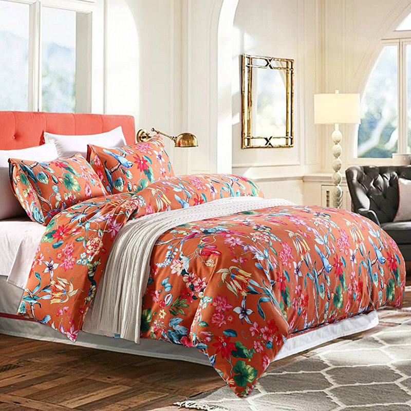 Tropical Cotton Sateen Floral Duvet Cover, Twin Duvet Cover + 1 Standard Sham