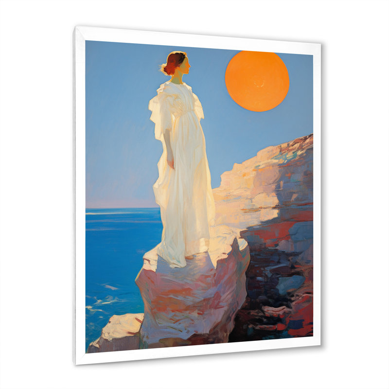 «Full Moon Priestess On Cliff By The Ocean», reproduction sur toile, H 32 po x l 16 po x P 1 po, Cadre simple blanc