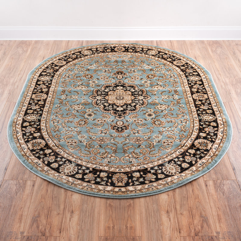 Belliere Medallion Kashan Light Blue Traditional Rug, Oval 5'3" x 6'10"