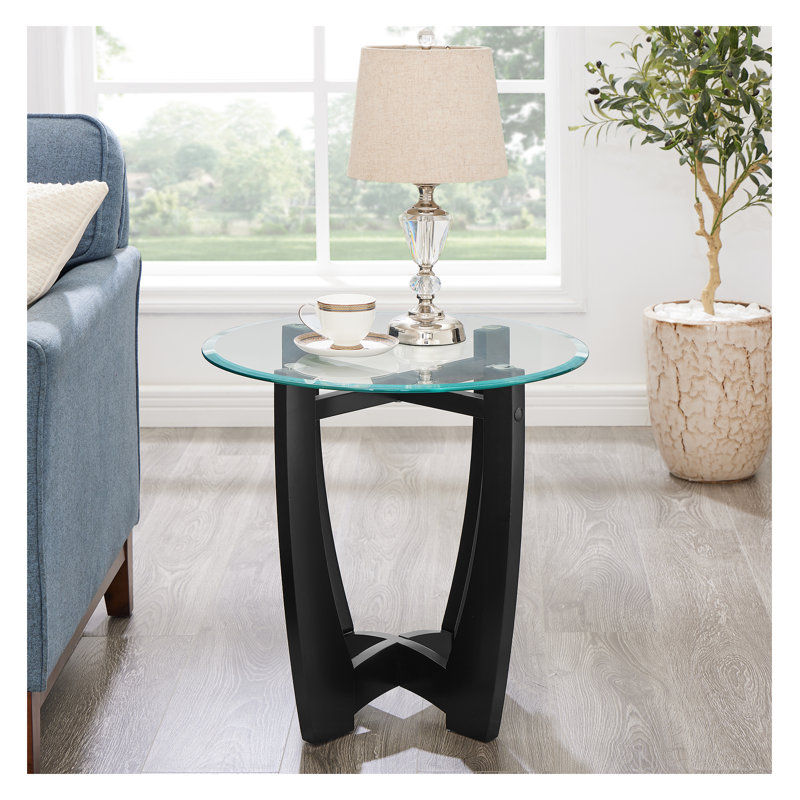 Table basse ronde en verre 23,5 po avec cadre en bois noir