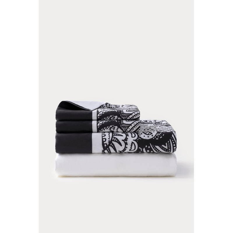 Ensemble de draps pour chambre d'amis 4 pièces 100% coton noir et blanc, Ensemble de draps pour grand lit avec 2 taies d'or