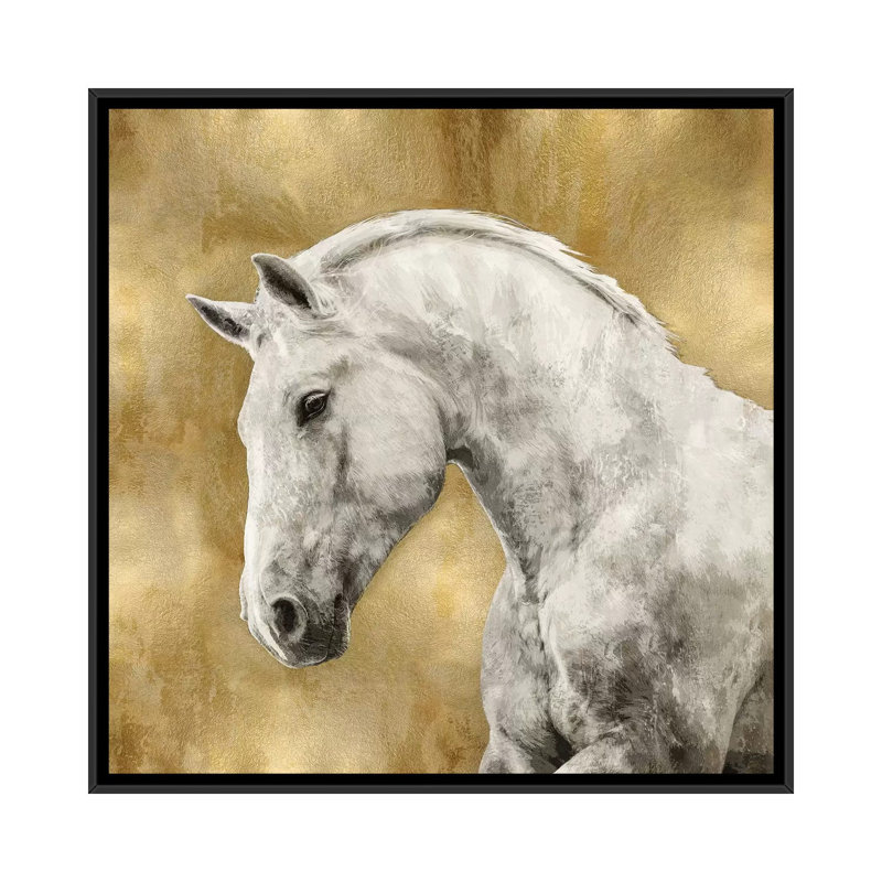 «White Stallion on Gold», reproduction d'art sur toile, H 18 po x l 18 po x P 1,5 po, Toile avec cadre noir, Pas de tapis