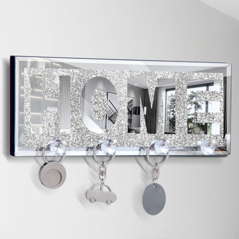 Fahrudin 11.8" x 4.7" x 0.5" Handmade Wall Key Hook with Mirror, HOME Letter