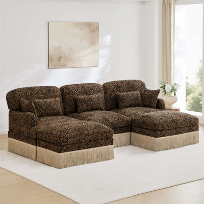100" U-Shaped Leopard Print Sectional Sofa - Chenille Modular Couch with 2 Movable Ottomans, Deep Seat, Tassel Trim, Easy Assembly