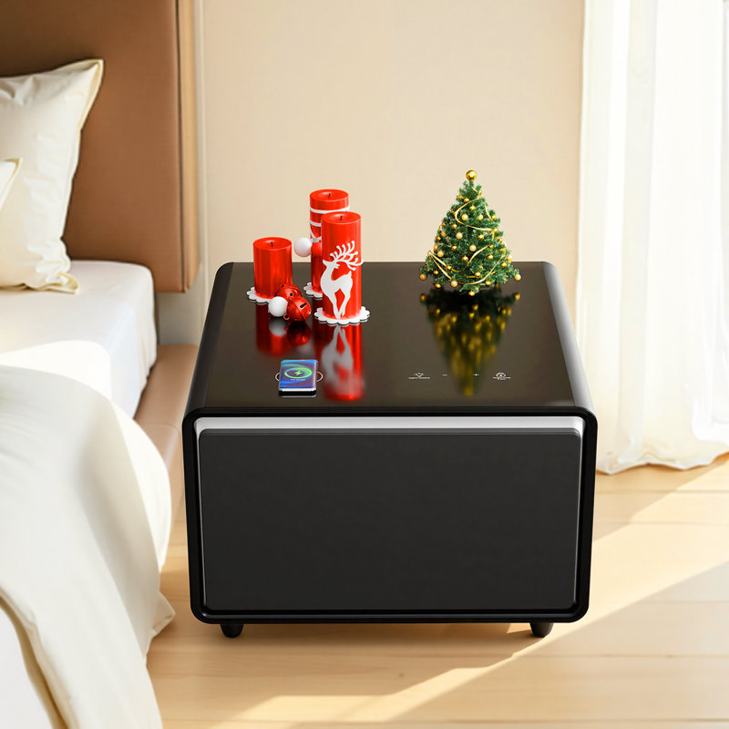 Smart Side Table with Fridge Drawer Wireless Charging and Motion Sensor Night Light, Black