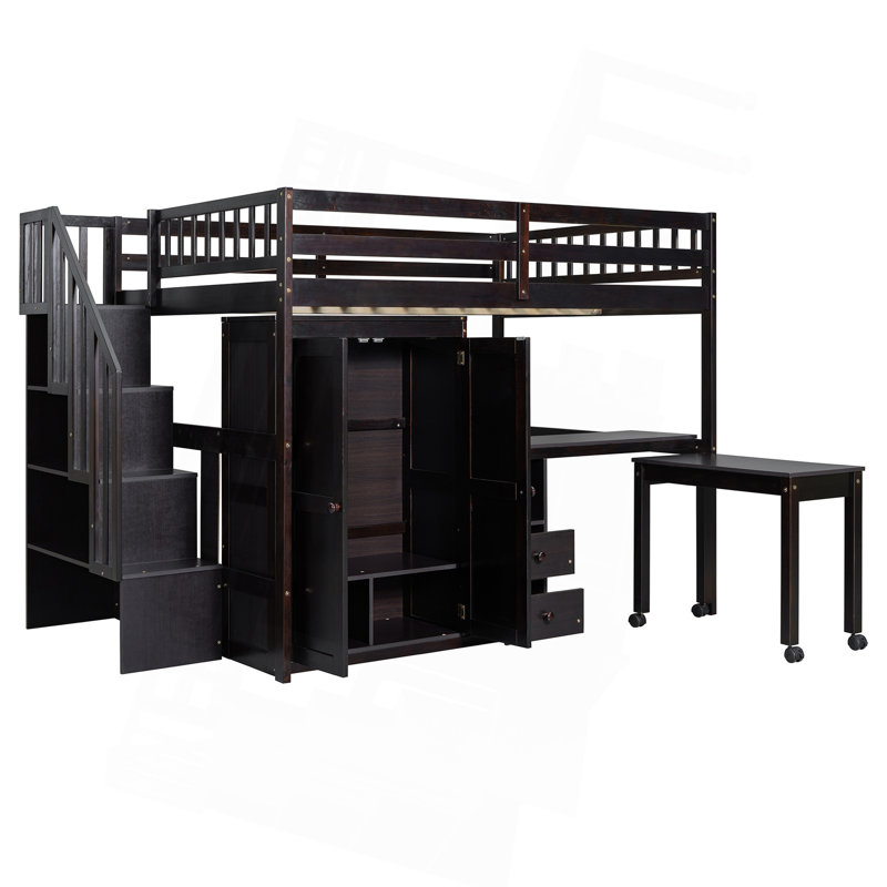 Lit mezzanine avec escalier, bibliothèque, tiroirs, bureau et garde-robe, Lit double, Espresso